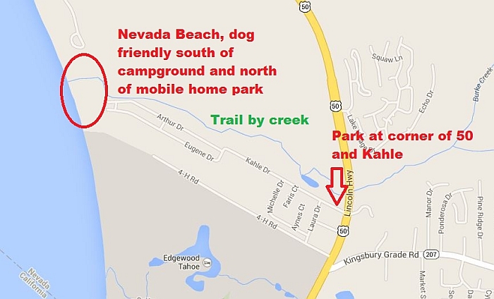 Map to Nevada beach, with dog friendly beach noted